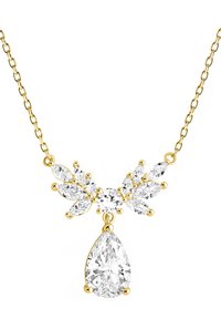 Goldene Halskette mit einem Cluster aus klaren, facettierten Steinen in Marquise- und runden Formen, mit einem Tropfenanhänger in der Mitte.