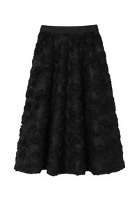 Čierna sukňa s texturovaným kvetinovým vzorom, zdobená vystúpenými aplikáciami ruží. Elastický pás a splývavý áčkový strih.