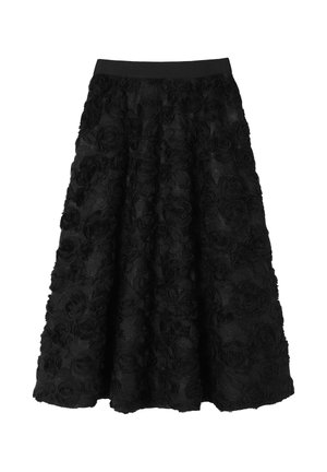 Mustapohja, jossa on teksturoitu kukkakuosi, jonka koristeena on kohotettuja ruusuhakemistoja. Säärinauha joustava ja virtaava, A-linjainen siluetti.