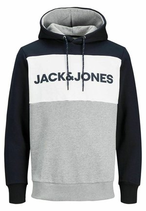 Hooded sweatshirt with navy sleeves, gray body, white chest panel, and "JACK & JONES" text in black across the chest.