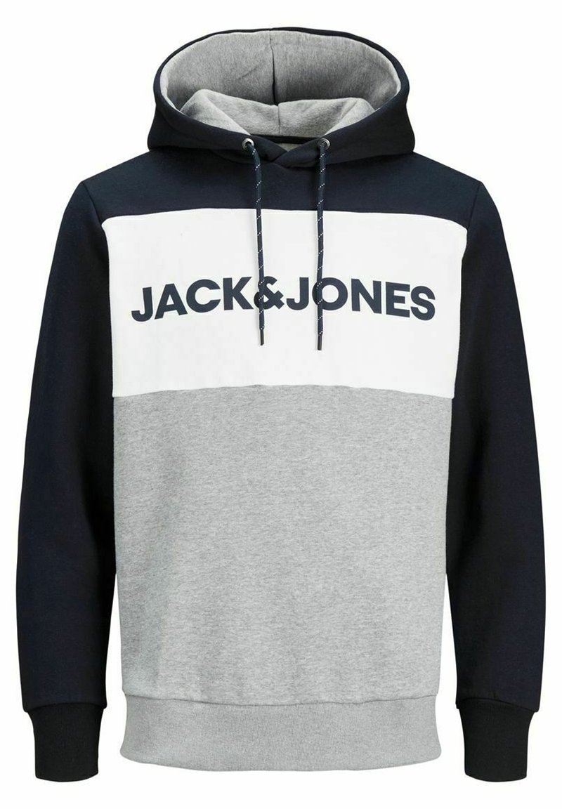 Hooded sweatshirt with navy sleeves, gray body, white chest panel, and "JACK & JONES" text in black across the chest.