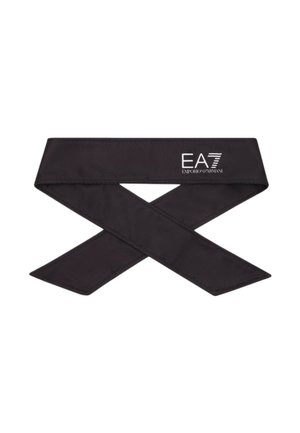 Fascia per capelli in tessuto nero con logo Emporio Armani EA7 stampato in bianco su un lato.