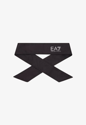 Fascia per capelli in tessuto nero con logo Emporio Armani EA7 stampato in bianco su un lato.
