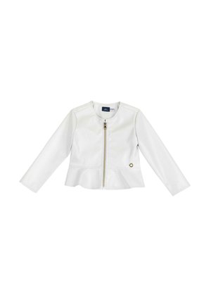 Witte faux leren jas met een ronde halslijn, ritssluiting aan de voorkant en een peplumzoom. Beschikt over lange mouwen en een kleine decoratieve accent.