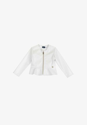 Veste en simili cuir blanc avec un col rond, fermeture éclair à l'avant et un ourlet peplum. Elle possède des manches longues et un petit accent décoratif.