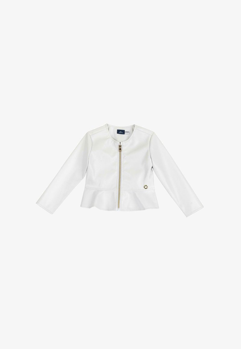 Veste en simili cuir blanc avec un col rond, fermeture éclair à l'avant et un ourlet peplum. Elle possède des manches longues et un petit accent décoratif.