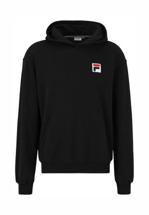 Zwarte hoodie gemaakt van zachte stof, met een voorktas en een capuchon met trekkoord. Geborduurd meerkleurig logo op de bovenste linkerkant van de borst.