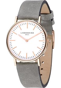 Roségoldene Uhr mit einem weißen Zifferblatt und minimalistischen Markierungen, angebracht an einem grauen Lederarmband mit glatter Oberfläche.