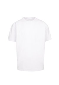 Weißes Baumwoll-T-Shirt mit kurzen Ärmeln, runder Crew-Halslinie und lockerem Schnitt. Glatte Textur, keine Muster oder Verzierungen.
