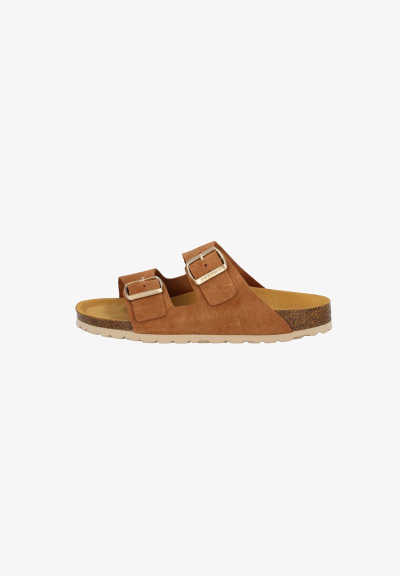 Brown suede slide sandal with two adjustable buckled straps, textured footbed, and a light-colored cork sole. Minimalist design.