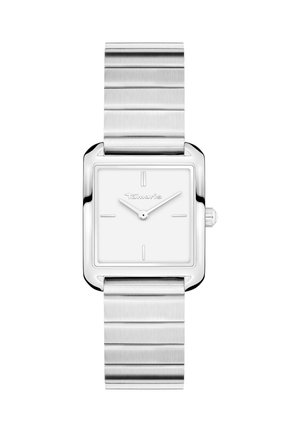 Silver stainless steel watch with a rectangular white dial, minimalist markers, and a brushed metal band. Square case with rounded edges.