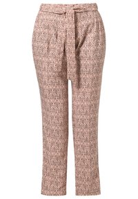 Růžové kalhoty s vzorem a páskem na zavazování, s geometrickým designem v tmavě hnědé barvě. Vyrobeno z lehké texturované látky.