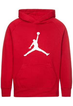 Sweat à capuche rouge avec poche kangourou à l'avant et silhouette blanche d'un joueur de basketball sautant, un bras tendu tenant un ballon de basketball.