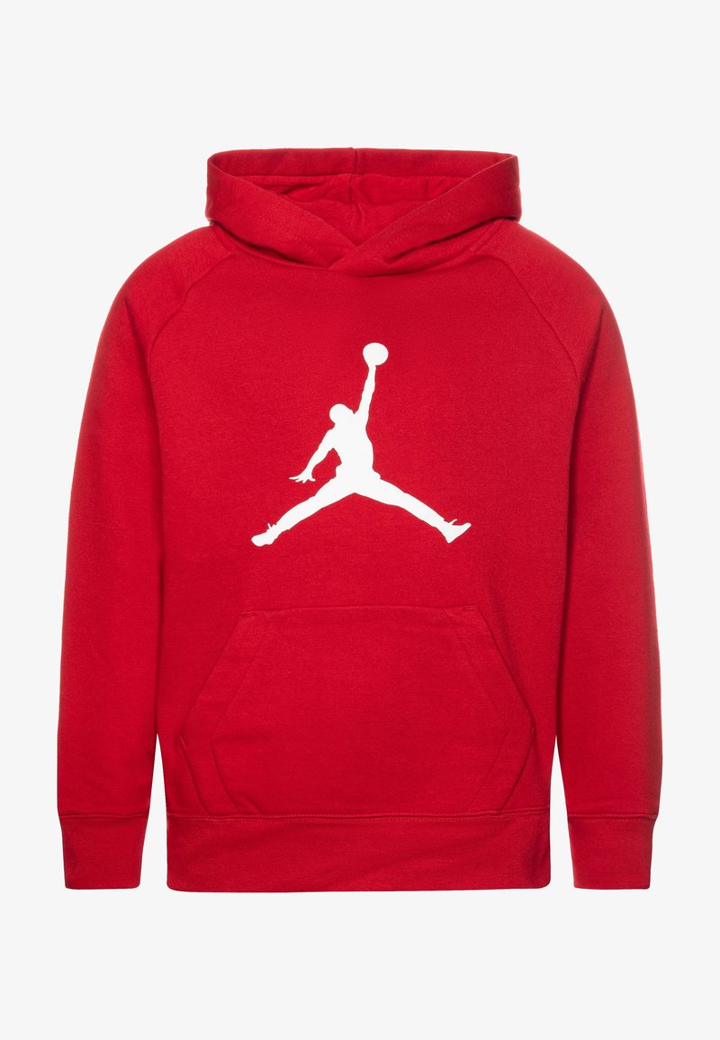 Sweat à capuche rouge avec poche kangourou à l'avant et silhouette blanche d'un joueur de basketball sautant, un bras tendu tenant un ballon de basketball.