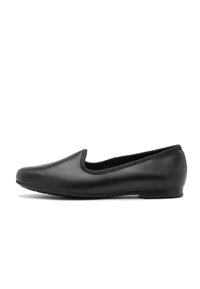 Musthave musta nahast ballet kingad ümarate varvastega, siledapinnalised ja madala kontsaga. Õmblusteta disain, millel on mugavuse tagamiseks elastne äär.