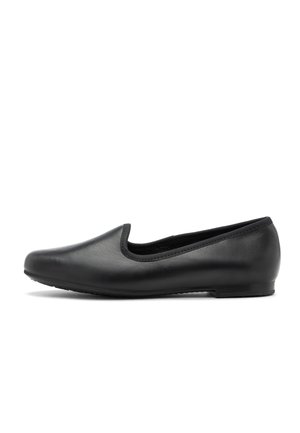 Black leather ballet flats with a rounded toe, smooth surface, and low heel. Seamless design with elasticized edge for comfort.