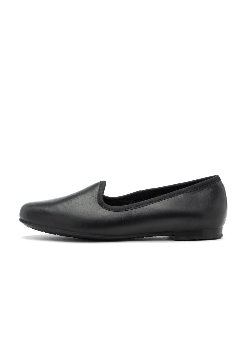 Musthave musta nahast ballet kingad ümarate varvastega, siledapinnalised ja madala kontsaga. Õmblusteta disain, millel on mugavuse tagamiseks elastne äär.