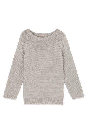 Maglione grigio chiaro in maglia con maniche lunghe e scollo tondo, caratterizzato da un motivo tessuto a rilievo e polsini e orlo a coste.