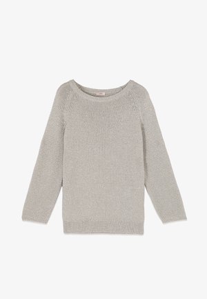 Jasnoszary sweter dziergany z długimi rękawami i okrągłym dekoltem, z teksturowanym, tkanym wzorem oraz ściągaczami na rękawach i dole.
