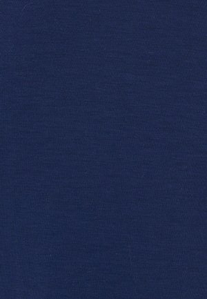 Tessuto blu navy con una superficie liscia e omogenea e una leggera sfumatura melange, adatto per diverse applicazioni tessili. Nessun motivo o accentuazione visibile.