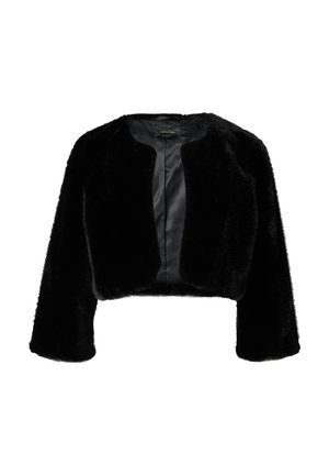 Schwarze Kunstpelz-Crop-Jacke mit langen Ärmeln, rundem Ausschnitt und satinierter Innenausstattung. Weiche Textur ohne Verschlüsse oder sichtbare Taschen.