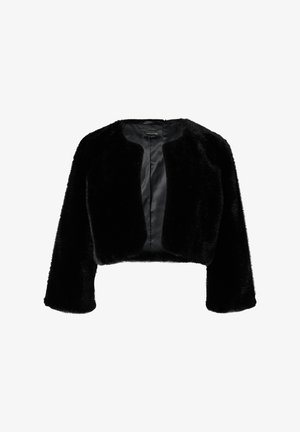 Schwarze Kunstpelz-Crop-Jacke mit langen Ärmeln, rundem Ausschnitt und satinierter Innenausstattung. Weiche Textur ohne Verschlüsse oder sichtbare Taschen.