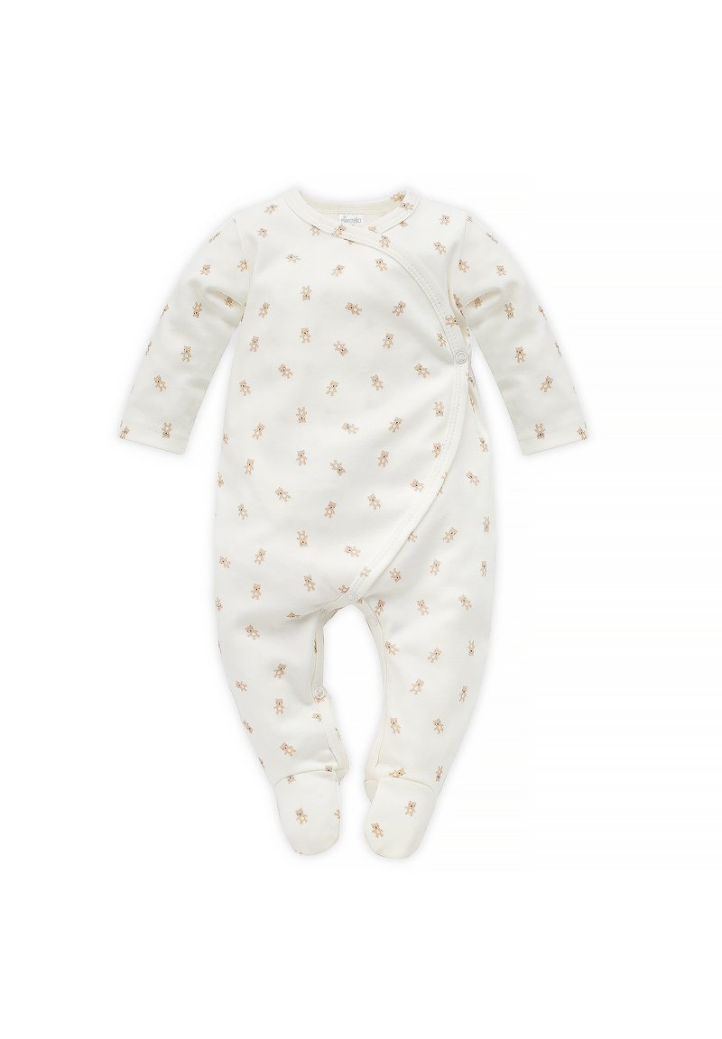 Witte baby romper met een herhalend patroon van kleine bruine beren, lange mouwen en een wikkeldesign met drukknopen aan de zijkant.