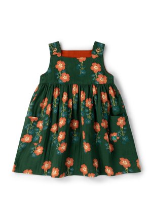 Green sleeveless toddler dress with orange floral print, buttoned shoulder straps, gathered skirt, and two front pockets.