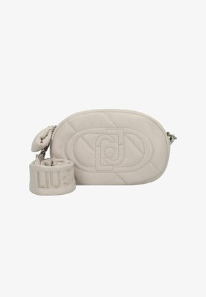 Lichtbeige lederen handtas met doorgestikt ontwerp, ovale vorm en reliëf logo. Inclusief bijpassende riem met logoborduring.