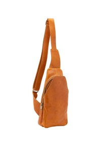 Borsa a spalla in pelle marrone dal design elegante, con tracolla regolabile e tasca con zip sulla parte frontale. Texture liscia con cuciture sottili.