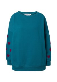 Sudadera de gran tamaño en color azul verdoso, fabricada en algodón, con corazones burdeos bordados a lo largo de las mangas y un cuello redondeado.