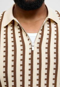 Maglione beige in maglia con zip, caratterizzato da strisce verticali marroni e crema, colletto a punta e dettaglio della cerniera argentata sul collo.