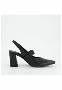 Escarpins noirs à bride arrière avec un bout pointu, des brides texturées et un talon carré. Fabriqués en cuir lisse avec des éléments de design minimalistes.