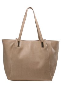 Beige nahkalaukku, jossa on kaksi pitkää kahvaa, hieman jämäkkä muotoilu, sauma- ja metallikoristeet kahvasiteissä.