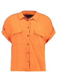 Pomarańczowa koszula na krótki rękaw z guzikami, posiadająca dwa przednie kieszenie i kołnierz. Wykonana z lekkiej tkaniny o gładkiej fakturze.