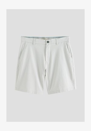 Šviesiai pilki šortai, pagaminti iš medvilnės mišinio, turintys mygtuką ir užtrauktuką, priekinės kišenės ir tiesus kirpimas.