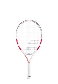 Tennisset met een witte frame en roze accenten, ovale kop en zwart gestreepte snaren. Bevat een gestructureerde greep voor een betere hantering.