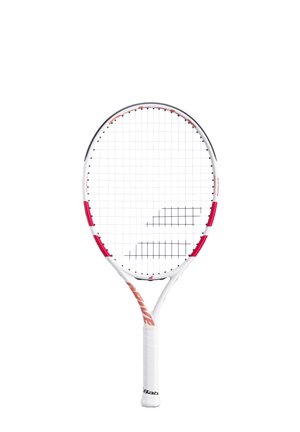 Tennisschläger mit weißem Rahmen und pinken Akzenten, ovalem Kopf und schwarzem Besaitungsmuster. Verfügt über einen strukturierten Griff für die Handhabung.
