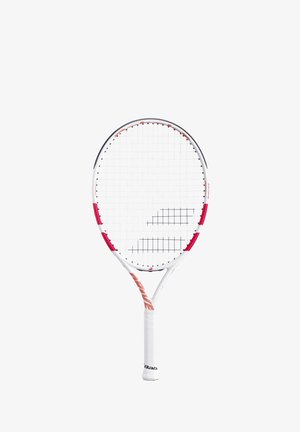 Tennisset met een witte frame en roze accenten, ovale kop en zwart gestreepte snaren. Bevat een gestructureerde greep voor een betere hantering.