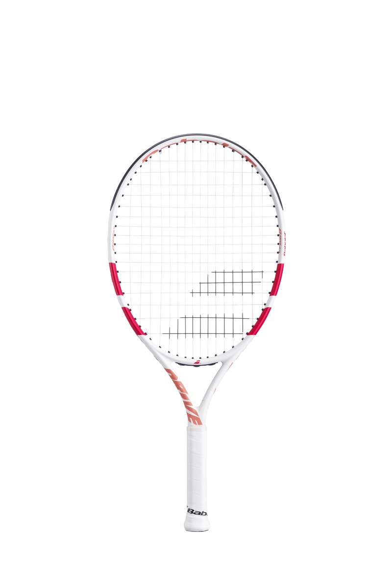 Tennisset met een witte frame en roze accenten, ovale kop en zwart gestreepte snaren. Bevat een gestructureerde greep voor een betere hantering.