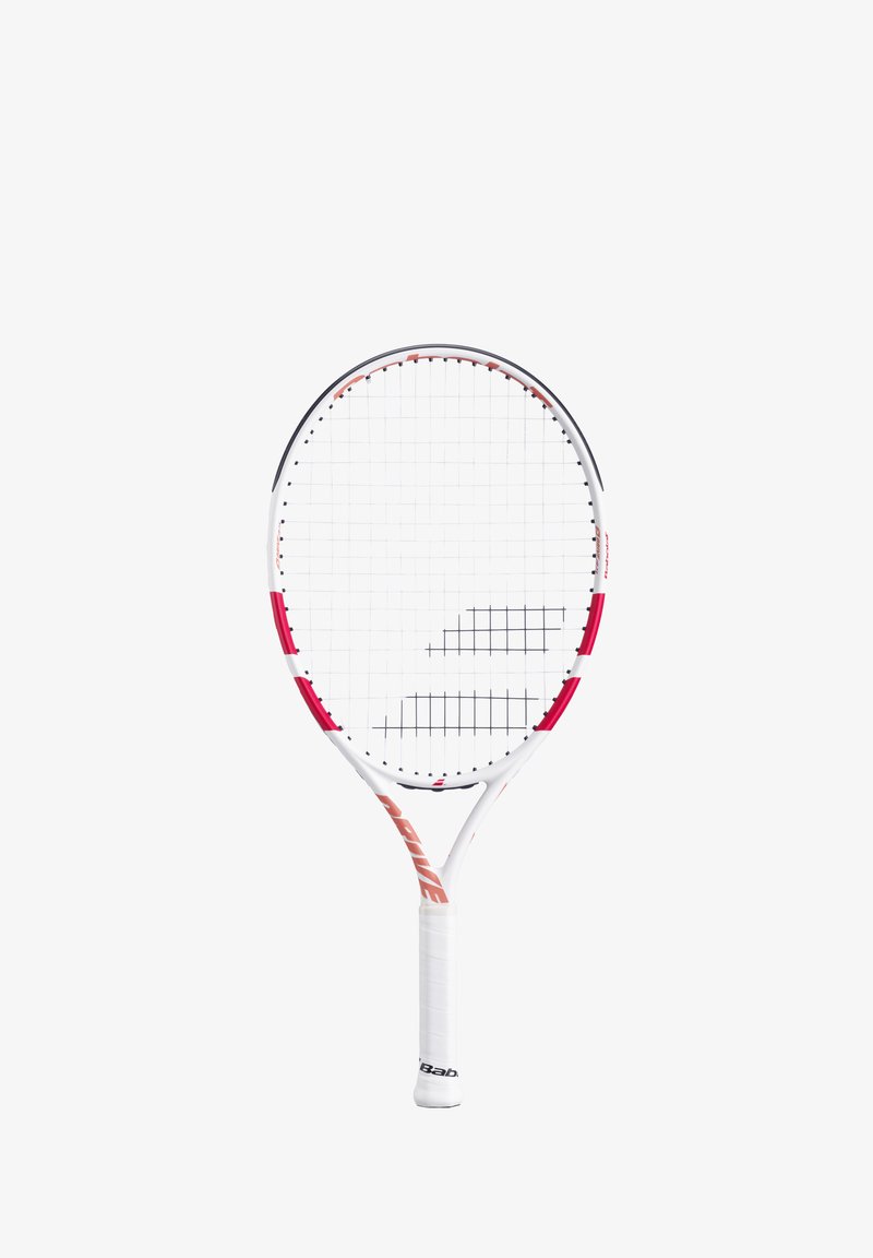 Tennis racket with a white frame and pink accents, oval head, and black string patterned. Features a textured grip for handling.