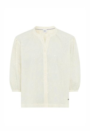 Blusa de manga larga color crema con sutil bordado floral, cierre con botones al frente y un pequeño cuello redondo.