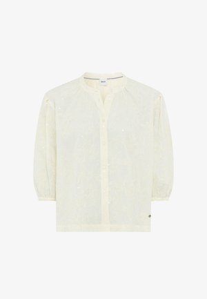 Cremefarbene Bluse mit langen Ärmeln, dezenter Blumenstickerei, durchgehender Knopfleiste und kleinem runden Kragen.