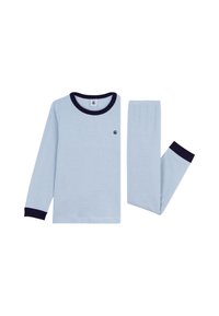 Long-sleeve blue striped pajamas with navy cuffs and collar. Includes a long-sleeve top and matching pants. Front features small logo.