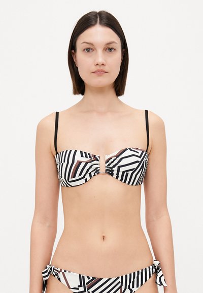 Bikini set s černo-bílým geometrickým vzorem, strukturovaným bandeau topem s předním zapínáním a nastavitelnými boky s uvázáním.