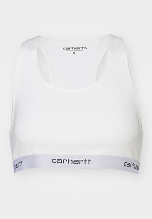 Hvid sportsbh med et glat stof, racerback-design og et gråt elastisk bånd med Carhartt-logoet i sort. Str. small.