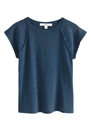 Navy blue short-sleeve casual top with raw-edge detailing along shoulder seams and a round neckline, labeled "NEXT" inside collar.