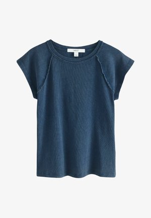 Marineblaues, kurzärmeliges Freizeitoberteil mit rohen Kanten an den Schulternähten und einem runden Halsausschnitt, innen am Kragen mit "NEXT" gekennzeichnet.