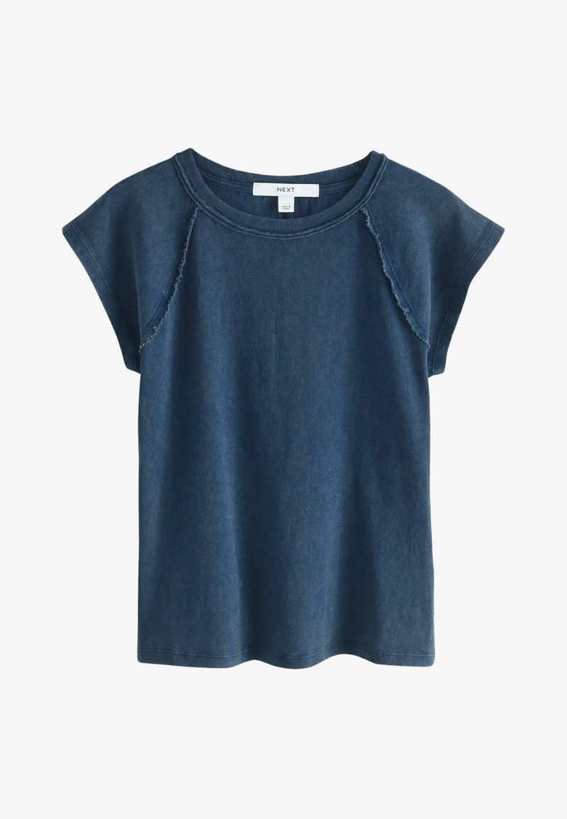 Marineblaues, kurzärmeliges Freizeitoberteil mit rohen Kanten an den Schulternähten und einem runden Halsausschnitt, innen am Kragen mit "NEXT" gekennzeichnet.