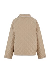 Beige quiltet jakke med diamantmønster, lange ermer og krage. Avsluttet med kontrasttrim og trykknapper ved mansjettene.